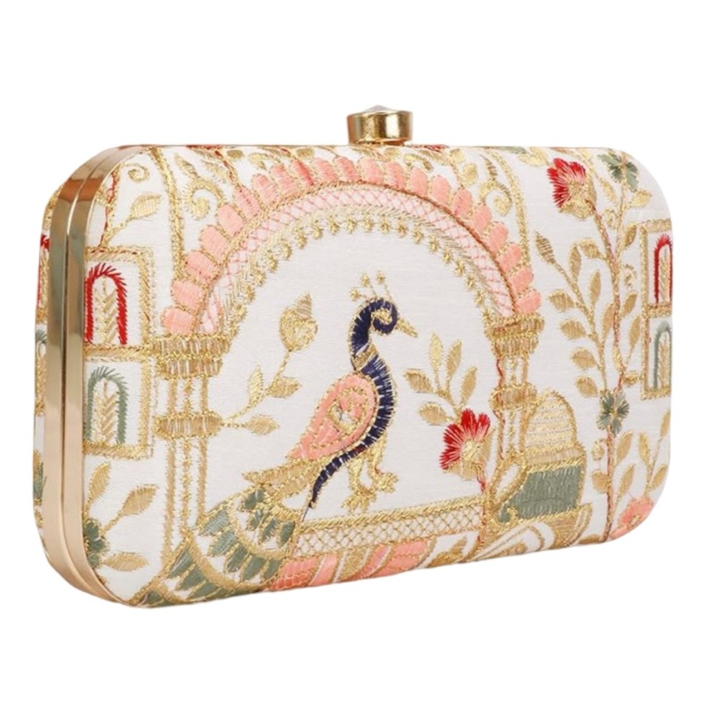 Hand Crafted Designer Clutch Pink White Green Embroidery peacock Women (used 1x)